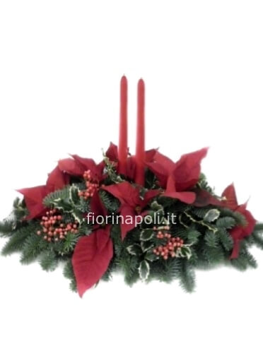 Composizione centrotavola natalizia con stelle di natale e rami di abete, 2 candele